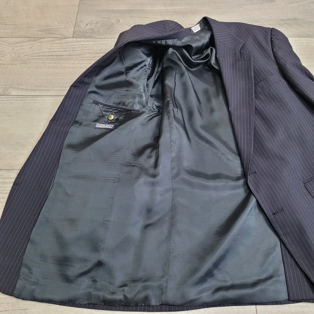 Vintage‎ Lands' End Suit Mens 42R Coat/38x29 Pants 100% Wool Blue w/Pinstripe